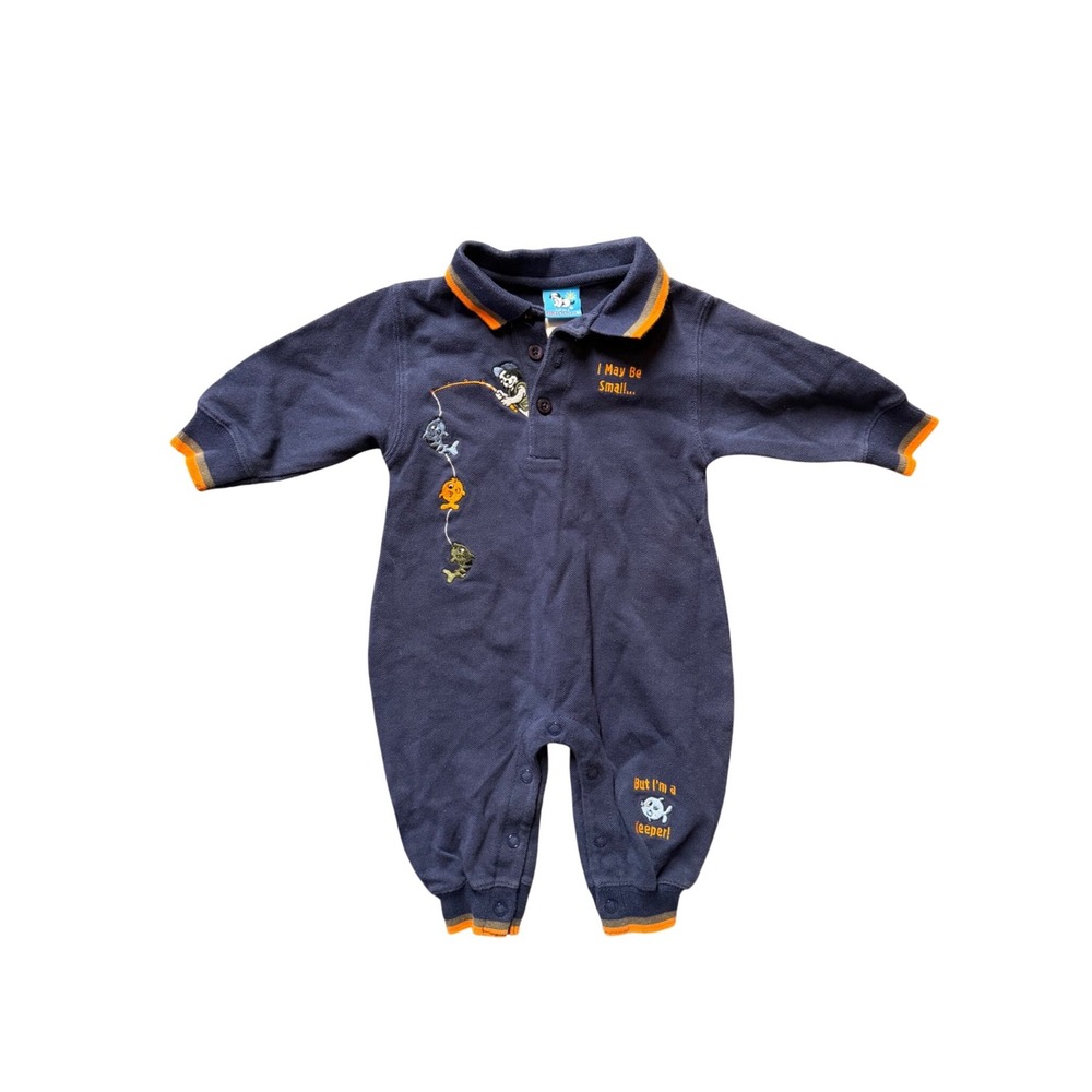 VTG Little Big Dogs Baby Boys Navy Blue Fishing Romper Polo One Piece 3-6M